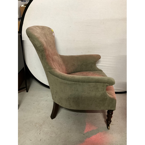 284 - VICTORIAN UPHOLSTERED BEDROOM CHAIR ON TURNED FRONT LEGS WITH ORGINAL BRASS CASTORS (WORMED)