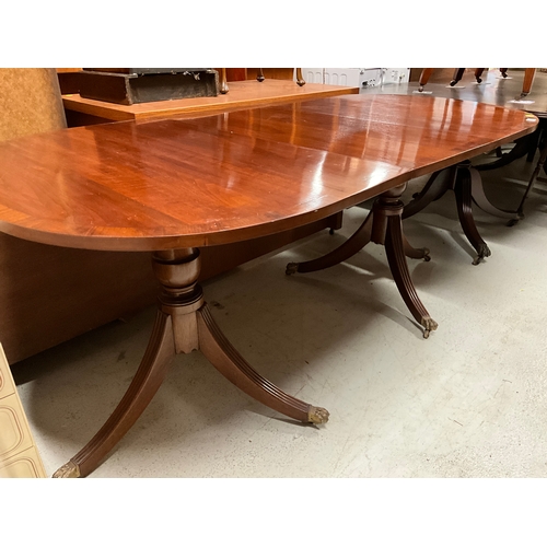 285 - REPRODUCTION REGENCY STYLE TWIN PEDESTAL MAHOGANY DINING TABLE WITH EXTRA LEAF 
H29” W72” EXTENDED W... 