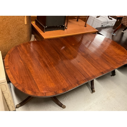 285 - REPRODUCTION REGENCY STYLE TWIN PEDESTAL MAHOGANY DINING TABLE WITH EXTRA LEAF 
H29” W72” EXTENDED W... 