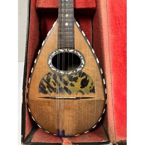 286 - VINTAGE ITALIAN  MANDOLIN IN CASE WITH MOTHER OF PEARL INLAY AND TORTOISE SHELL ,MAKERS LABEL TO INS... 