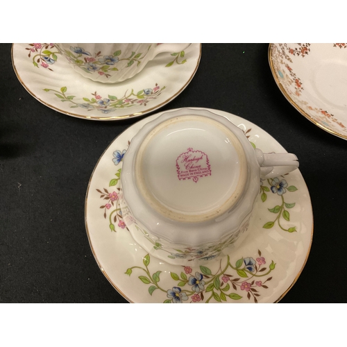 245 - BOX OF CHINA TO INCLUDE ROYAL PENDANT SALISBURY CUPS SAUCERS, HARLEIGH CUPS SAUCERS, GLASS CANDLESTI... 