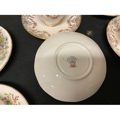 245 - BOX OF CHINA TO INCLUDE ROYAL PENDANT SALISBURY CUPS SAUCERS, HARLEIGH CUPS SAUCERS, GLASS CANDLESTI... 