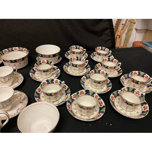 245 - BOX OF CHINA TO INCLUDE ROYAL PENDANT SALISBURY CUPS SAUCERS, HARLEIGH CUPS SAUCERS, GLASS CANDLESTI... 