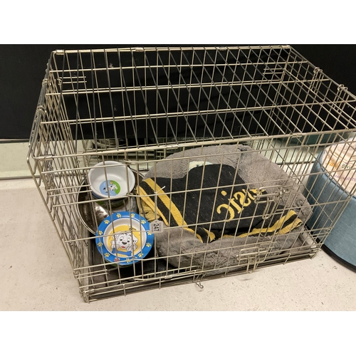 247 - DOG CRATE, BASKET, DOG FOOD BIN AND LEADS, BOWLS ETC