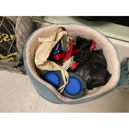 247 - DOG CRATE, BASKET, DOG FOOD BIN AND LEADS, BOWLS ETC