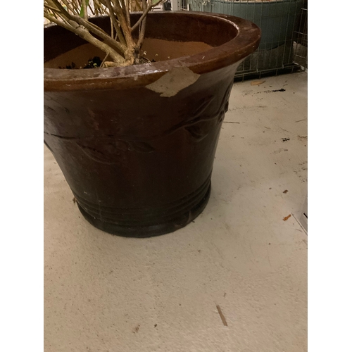 248 - 2 LARGE GARDEN POTS  1 TREACLE GLAZED H 16” DIA 23”A/F AND 1 STONE PLANTER H13 DIA 19”- TO INCLUDE C... 