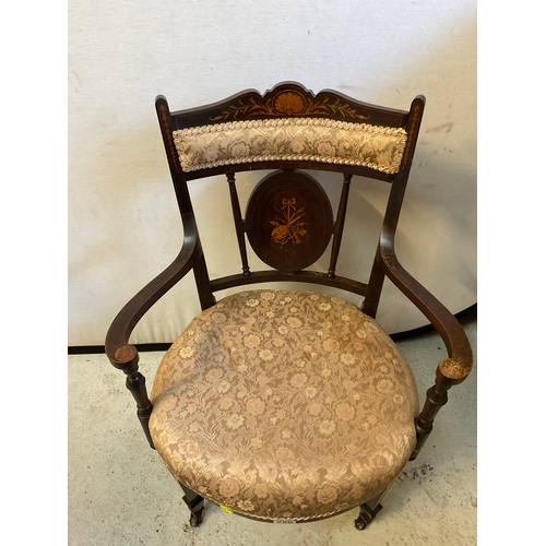 250 - EDWARDIAN MAHOGANY INLAID BEDROOM CHAIR WITH ORIGINAL CHINA CASTORS A/F