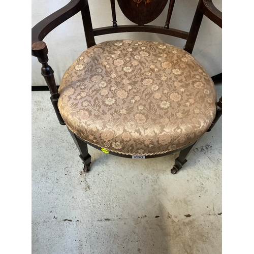 250 - EDWARDIAN MAHOGANY INLAID BEDROOM CHAIR WITH ORIGINAL CHINA CASTORS A/F