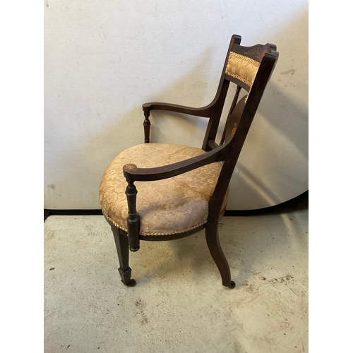 250 - EDWARDIAN MAHOGANY INLAID BEDROOM CHAIR WITH ORIGINAL CHINA CASTORS A/F