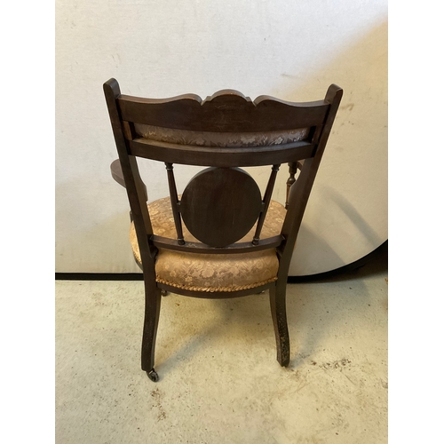 250 - EDWARDIAN MAHOGANY INLAID BEDROOM CHAIR WITH ORIGINAL CHINA CASTORS A/F