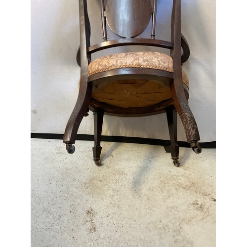 250 - EDWARDIAN MAHOGANY INLAID BEDROOM CHAIR WITH ORIGINAL CHINA CASTORS A/F