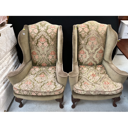 303 - PAIR OF VINTAGE GREEN UPHOLSTERED WING BACK FIRESIDE CHAIRS WITH CARVED FRONT CABRIOLE LEGS
H42”