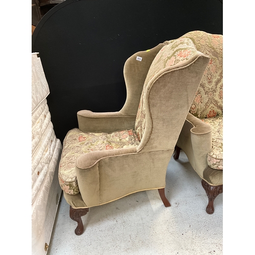 303 - PAIR OF VINTAGE GREEN UPHOLSTERED WING BACK FIRESIDE CHAIRS WITH CARVED FRONT CABRIOLE LEGS
H42”