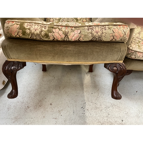 303 - PAIR OF VINTAGE GREEN UPHOLSTERED WING BACK FIRESIDE CHAIRS WITH CARVED FRONT CABRIOLE LEGS
H42”