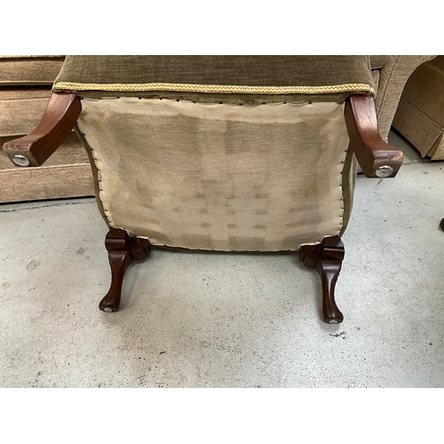 303 - PAIR OF VINTAGE GREEN UPHOLSTERED WING BACK FIRESIDE CHAIRS WITH CARVED FRONT CABRIOLE LEGS
H42”