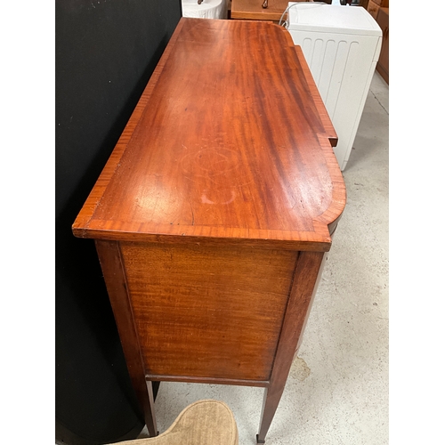 306 - MAHOGANY INLAID BREAKFRONT SIDEBOARD WITH CENTRAL DRAWER ABOVE OPEN SHELF FLANKED BY 2 DOORS SUPPORT... 