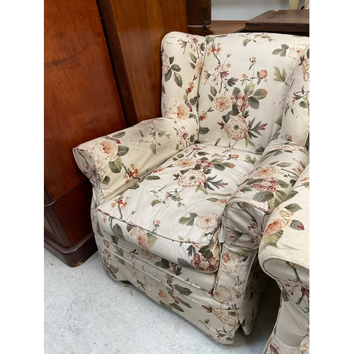 337 - VINTAGE 3 SEATER SETTEE AND A CHAIR WITH MATCHING FLORAL COVERS