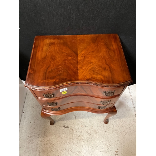 309 - VINTAGE WALNUT VENEERED SERPENTINE FRONTED 3 DRAWER CHEST ON CABIROLE LEGS H31” W20” D15”