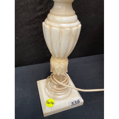 339 - ALABASTER ELECTRIC TABLE LAMP AND BRASS EFFECT TABLE LAMP WITH GLASS SHADE