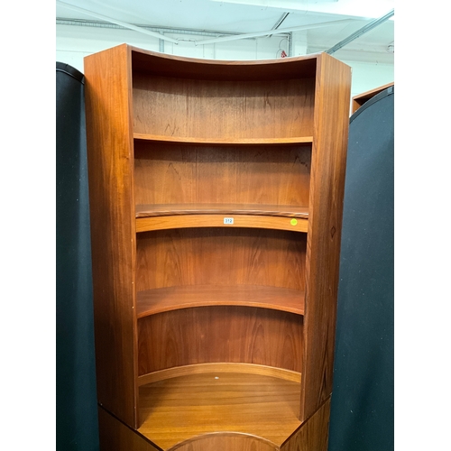 312 - RETRO TEAK BADGED G PLAN CORNER UNIT WITH OPEN SHELVES TO TOP OVER SINGLE DOOR TO BASE 
H78” W42” D3... 