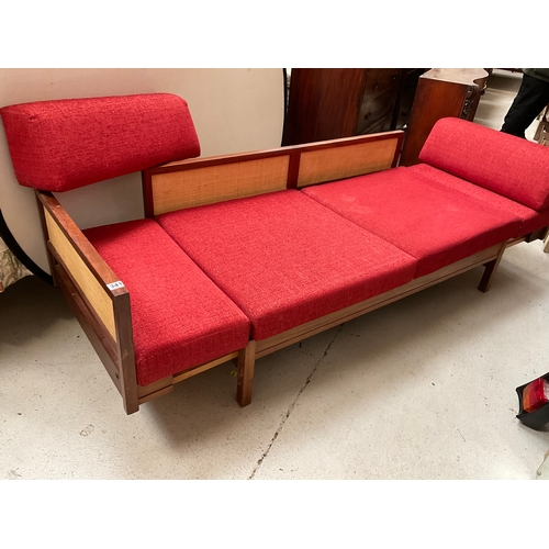 341 - TERRACOTTA VINTAGE SOFA TURNS INTO DAY BED AND MATCHING SIDE CHAIR - FADING TO CHAIR