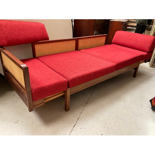 341 - TERRACOTTA VINTAGE SOFA TURNS INTO DAY BED AND MATCHING SIDE CHAIR - FADING TO CHAIR