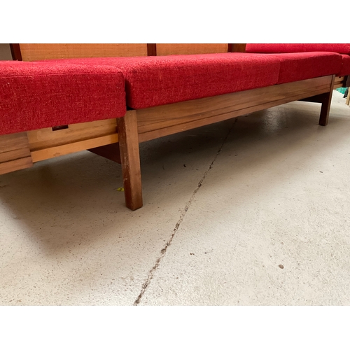 341 - TERRACOTTA VINTAGE SOFA TURNS INTO DAY BED AND MATCHING SIDE CHAIR - FADING TO CHAIR