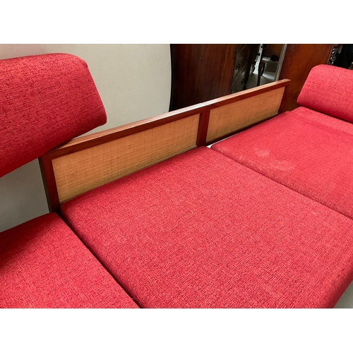 341 - TERRACOTTA VINTAGE SOFA TURNS INTO DAY BED AND MATCHING SIDE CHAIR - FADING TO CHAIR