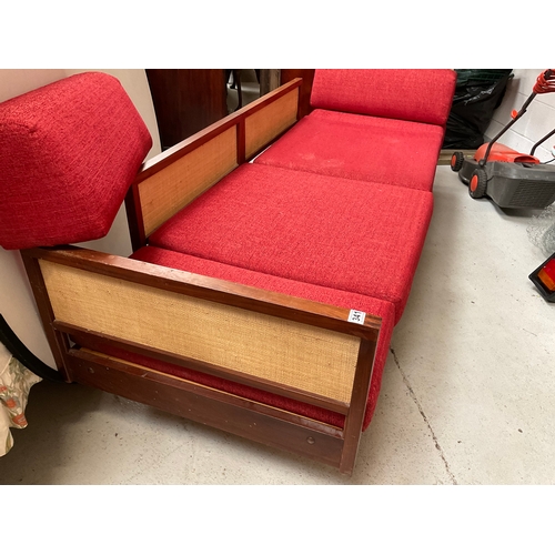 341 - TERRACOTTA VINTAGE SOFA TURNS INTO DAY BED AND MATCHING SIDE CHAIR - FADING TO CHAIR