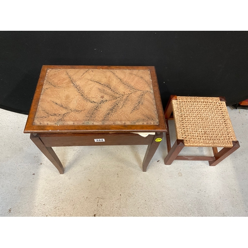 344 - VINTAGE OAK PIANO STOOL AND CONTENTS AND FOOTSTOOL