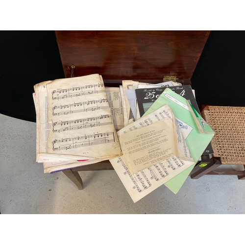 344 - VINTAGE OAK PIANO STOOL AND CONTENTS AND FOOTSTOOL