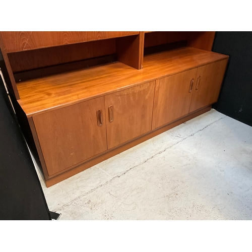 316 - RETRO BADGED G PLAN LOUNGE UNIT -TOP WITH OPEN SHELVES,BUREAU AND DRINKS COMPARTMENT OVER 4 DRAWERS ... 