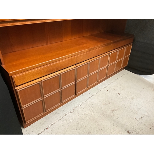 318 - RETRO TEAK BADGED MCINTOSH LOUNGE UNIT WITH 2 GLASS DOORS OPEN SHELVES AND DRINKS COMPARTMENT TO TOP... 