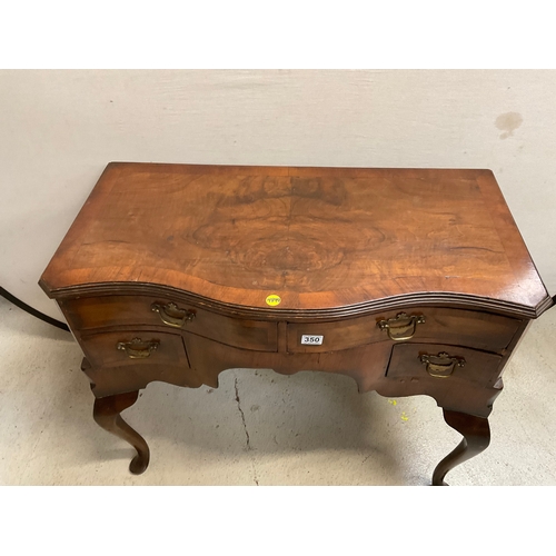 350 - VICTORIAN WALNUT VENEERED SERPENTINE FRONTED LOW BOY OR DESK WITH 4 DRAWERS ON CABRIOLE LEGS H31” L3... 