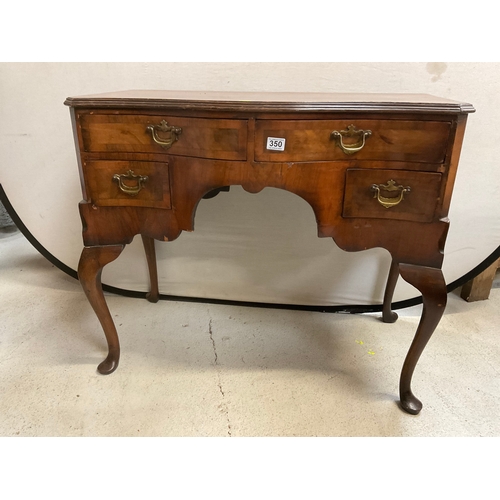 350 - VICTORIAN WALNUT VENEERED SERPENTINE FRONTED LOW BOY OR DESK WITH 4 DRAWERS ON CABRIOLE LEGS H31” L3... 