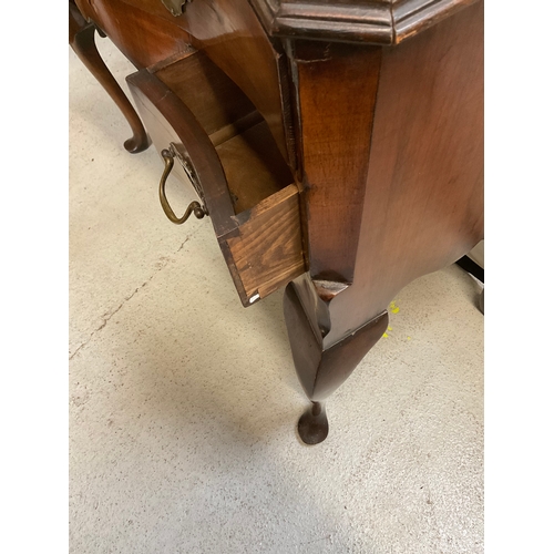 350 - VICTORIAN WALNUT VENEERED SERPENTINE FRONTED LOW BOY OR DESK WITH 4 DRAWERS ON CABRIOLE LEGS H31” L3... 