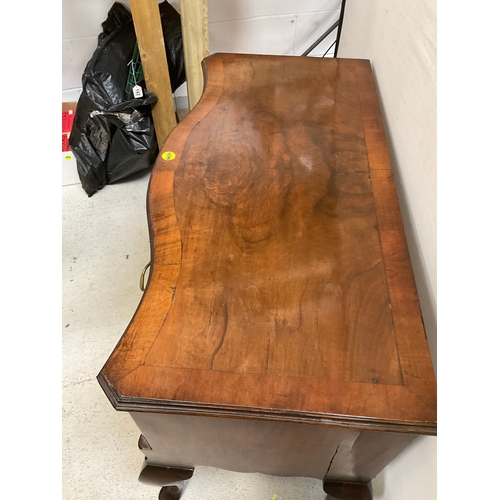 350 - VICTORIAN WALNUT VENEERED SERPENTINE FRONTED LOW BOY OR DESK WITH 4 DRAWERS ON CABRIOLE LEGS H31” L3... 