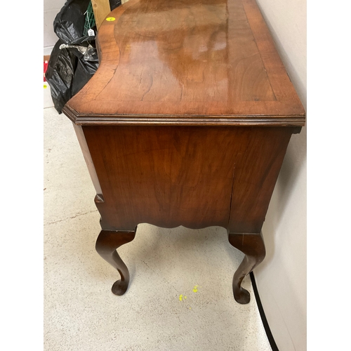 350 - VICTORIAN WALNUT VENEERED SERPENTINE FRONTED LOW BOY OR DESK WITH 4 DRAWERS ON CABRIOLE LEGS H31” L3... 