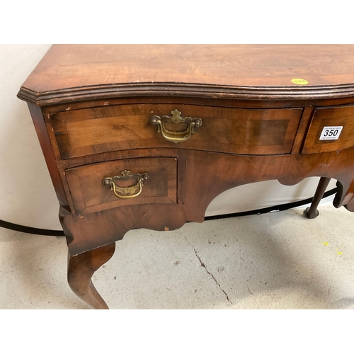 350 - VICTORIAN WALNUT VENEERED SERPENTINE FRONTED LOW BOY OR DESK WITH 4 DRAWERS ON CABRIOLE LEGS H31” L3... 