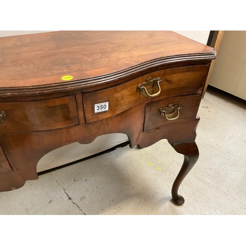 350 - VICTORIAN WALNUT VENEERED SERPENTINE FRONTED LOW BOY OR DESK WITH 4 DRAWERS ON CABRIOLE LEGS H31” L3... 