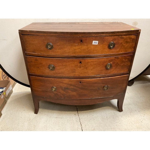 353 - GEORGIAN MAHOGANY BOW FRONTED 3 DRAWER BEDROOM CHEST A/F H33” L36” D19”