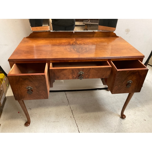 354 - VINTAGE WALNUT DRESSING TABLE ON CABRIOLE LEGS WITH 3 DRAWERS H63” L42” D20”