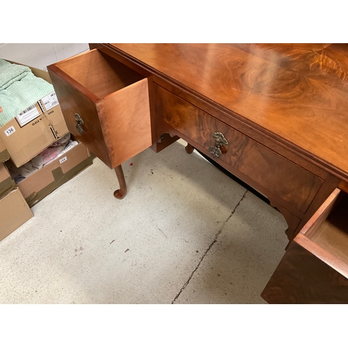 354 - VINTAGE WALNUT DRESSING TABLE ON CABRIOLE LEGS WITH 3 DRAWERS H63” L42” D20”