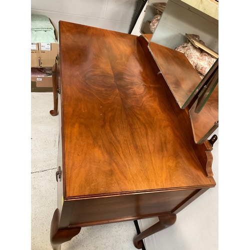 354 - VINTAGE WALNUT DRESSING TABLE ON CABRIOLE LEGS WITH 3 DRAWERS H63” L42” D20”