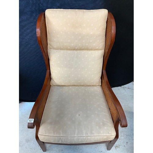 327 - MAHOGANY FRAMED BERGERE STYLE ARMCHAIR WITH FITTED CUSHIONS