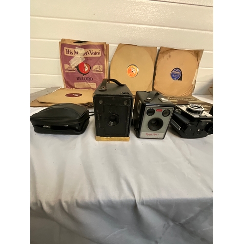 2 - COLLECTION OF VINTAGE CAMERAS AND QUANTITY OF 78RPM RECORDS TO INCLUDE BROWNIE BOX CAMERAS ENSIGN ET... 