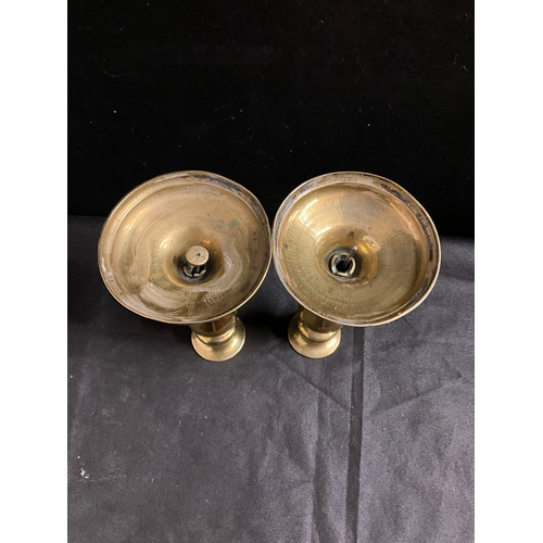 12 - TWO PAIRS OF VICTORIAN BRASS PUSH CANDLESTICKS H10”