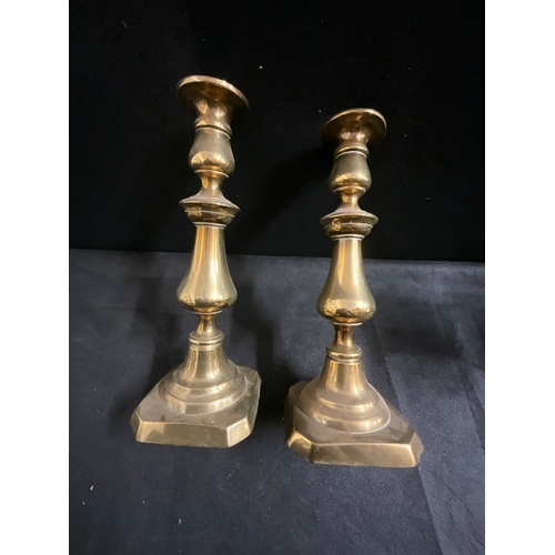 12 - TWO PAIRS OF VICTORIAN BRASS PUSH CANDLESTICKS H10”