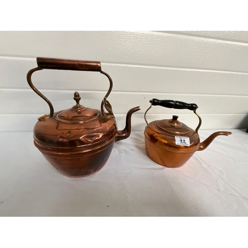 22 - TWO VINTAGE COPPER KETTLES LARGEST H11” DIA 8”