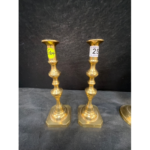 25 - THREE PAIRS OF BRASS CANDLE STICKS